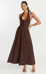 Everly Midi Dress - Tie Halter Neck Button Down Bodice Fit And Flare Dress in Chocolate
