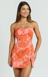 Brailey Mini Dress - Strapless Dress in Orange Jacquard