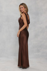 The Loretta Cowl Satin Maxi Dress Chocolate Brown