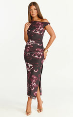 Nenita Midi Dress - One Shoulder Mesh Dress in Botanical Haze