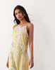 satin high neck cami midi dress with lace trims in yellow floral print