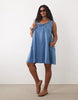 Curve denim ruffle detail mini dress with pockets in mid blue