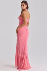 raspberry mesh halter neck waterfall maxi dress