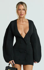 Colette Mini Dress - Wrap Front Cocoon Sleeve Button Front Knit Dress in Black