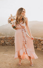 Samantha Ruffle Wrap Dress ~ Rose Gold Luxe Satin