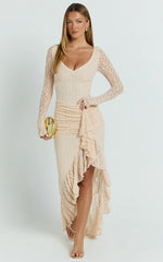 Rhea Maxi Dress - Long Sleeve Ruched Ruffle Hem Dress in Blush