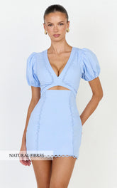 Carolyn Mini Dress - V Neck Puff Sleeve Dress in Light Blue