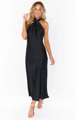 Jasmine Halter Midi Dress ~ Black Luxe Satin