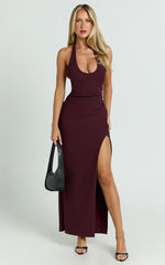 Ruby Maxi Dress - Halter Scoop Neck Low Back Bodycon Dress in Wine