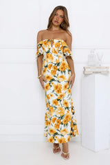 Sunflowers Off Shoulder Midi Dress Yellow