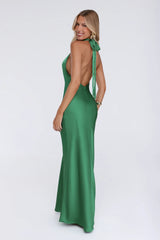 Cherry Whirl Satin Halter Maxi Dress Emerald