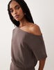 off shoulder blouson midi dress in chocolate