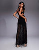 lace mix slinked plunge neck maxi dress with cross back in black