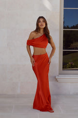 Indulgent Love Off Shoulder Satin Crop Top Red