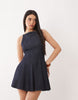 denim racer neck mini dress with godet hem in rinse