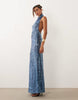 embellished sheer sequin halter maxi dress in blue