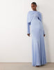 Modesty mesh maxi dress with overlay draped neckline detail in pastel blue