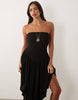 textured midi dress with high low hem in black