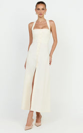 Marla Midi Dress - Square Neck Button Front Shift Dress in Cream