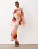 kimono sleeve cape detail draped midaxi dress with open back in multicolor print
