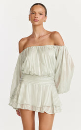Giselle Mini Dress - Balloon Sleeve Off Shoulder Dress in Sage