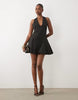 plunge neck structured full skirt mini dress in black scuba-style fabric