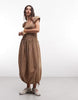 COLLUSION shirred cap sleeve midi dress in textured green plaid