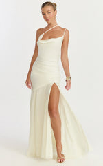 Flynn Maxi Dress - Asymmetric Neck Sheer Skirt Dress in Ivory