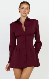 Thelma Mini Dress - Button Front Pleat Waist Tulip Skirt Shirtdress in Wine