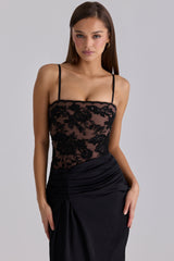 black embellished lace + satin maxi dress