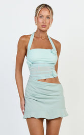 Ocean Mini Dress - Asymmetric Halter Neck Floral Trim Ruffle Skirt Dress in Mint