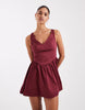 waisted v-neck mini sundress with seaming details in washed burgundy