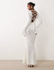 Noughts & Kisses devore floral bell sleeve lace up fishtail maxi dress in white