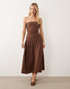 ruched bandeau with dropped waist maxi dress in chocolate