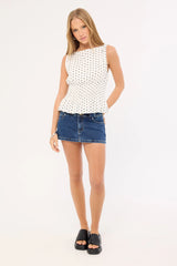 Luck & Trouble Andie Ruched Tie Top White Polka