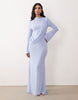 mesh draped high neck long sleeve maxi dress in blue