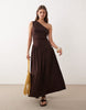 ruched one shoulder dropped waist maxi dress in chocolate