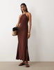 Miss Selfridge linen mix halter maxi dress in chocolate