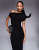 Kaiia exclusive double layered slinky drape off shoulder bodycon maxi dress in black