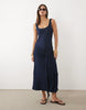 square neck with tie detail midi dress in navy