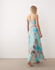 strappy chiffon maxi dress with deep godets in blue blown up floral