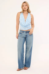 Motel Yukari Plunge Top Burnout Mesh Blue