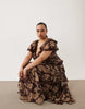 Curve full hem ruffle maxi dress with lace trim detailing and open back in brown floral