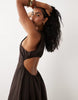 premium 100% linen waisted maxi dress with open back in bitter chocolate