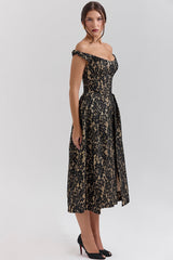 black gold lace off shoulder midi gown