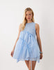 Ghospell Indie mesh overlay sleeveless drawstring detail mini dress in light blue
