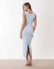 drape asymmetric midi dress in light blue scuba-style fabric