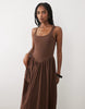 gathered crepe midi dress in chocolate