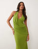 mesh halter maxi dress with draped sash detail in lime