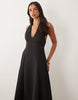 plunge neck structured full skirted midi dress in black scuba-style fabric